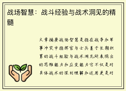 战场智慧:战斗经验与战术洞见的精髓 战场智慧:战斗经验与战术洞见的精髓